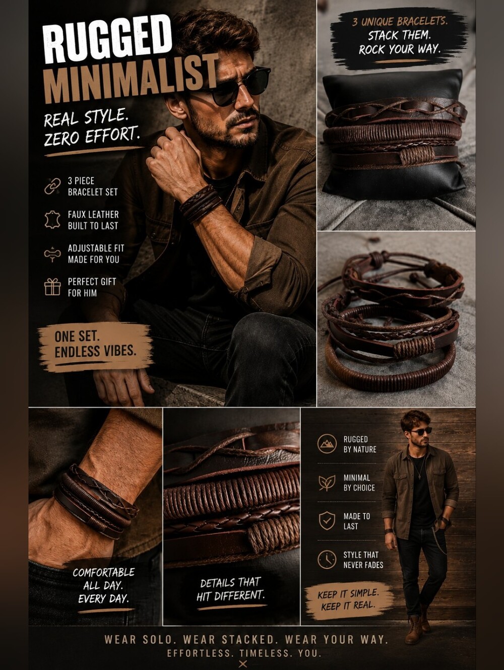 Chocolate Brown Faux Leather Men’s Bracelet Set | 3-Piece Braided & Woven Stack - Picture 2 of 5